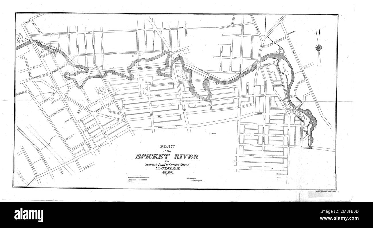 Map of the Spicket Valley showing improvements in the river channel and the line of the main sewer and branches Lawrence, Mass. , History. Lawrence Public Library Map Collection Stock Photo