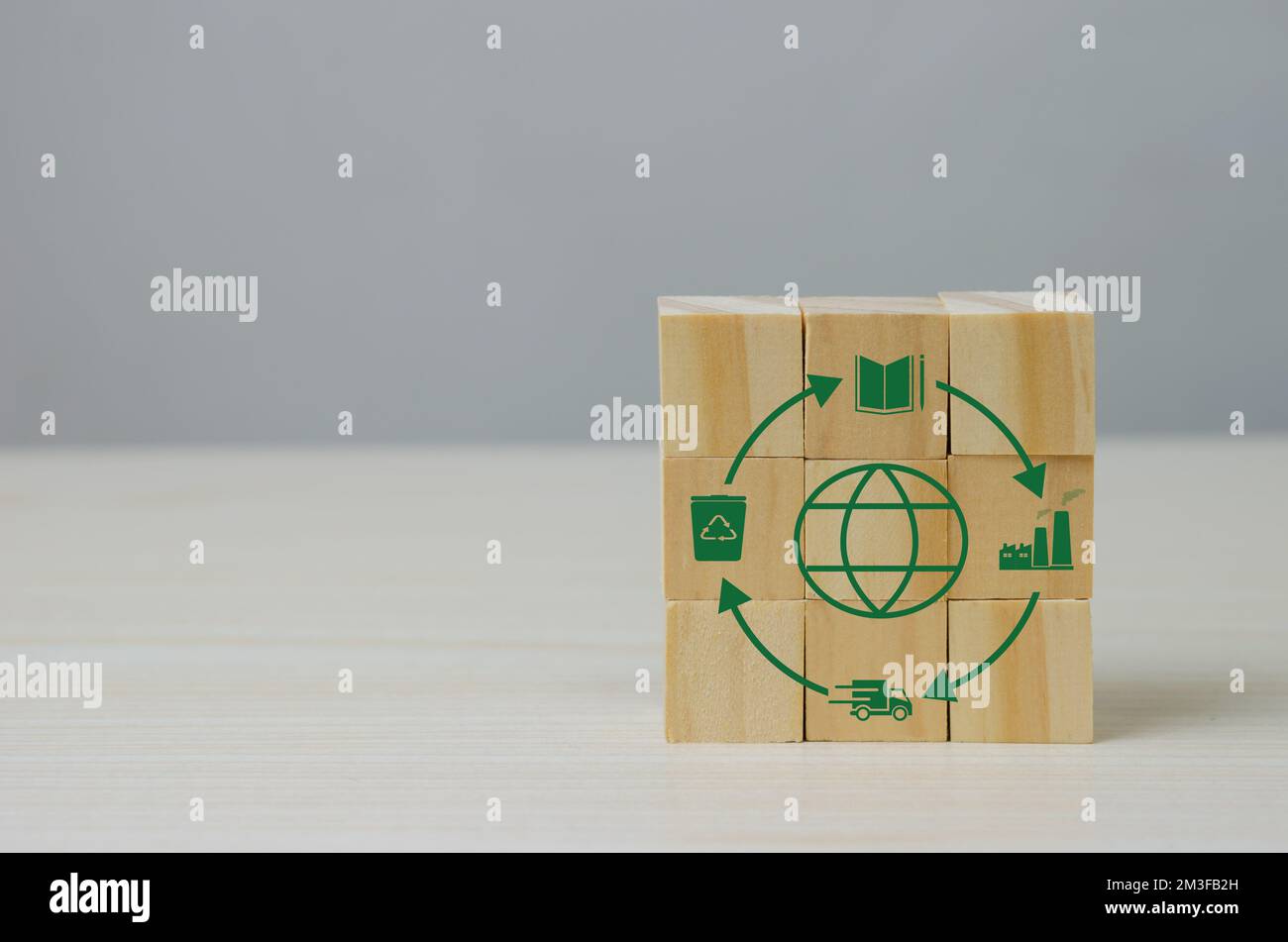 Net zero green technology innovation eco carbon renewable energy business Circular Economy concept with wood cube blocks. Stock Photo