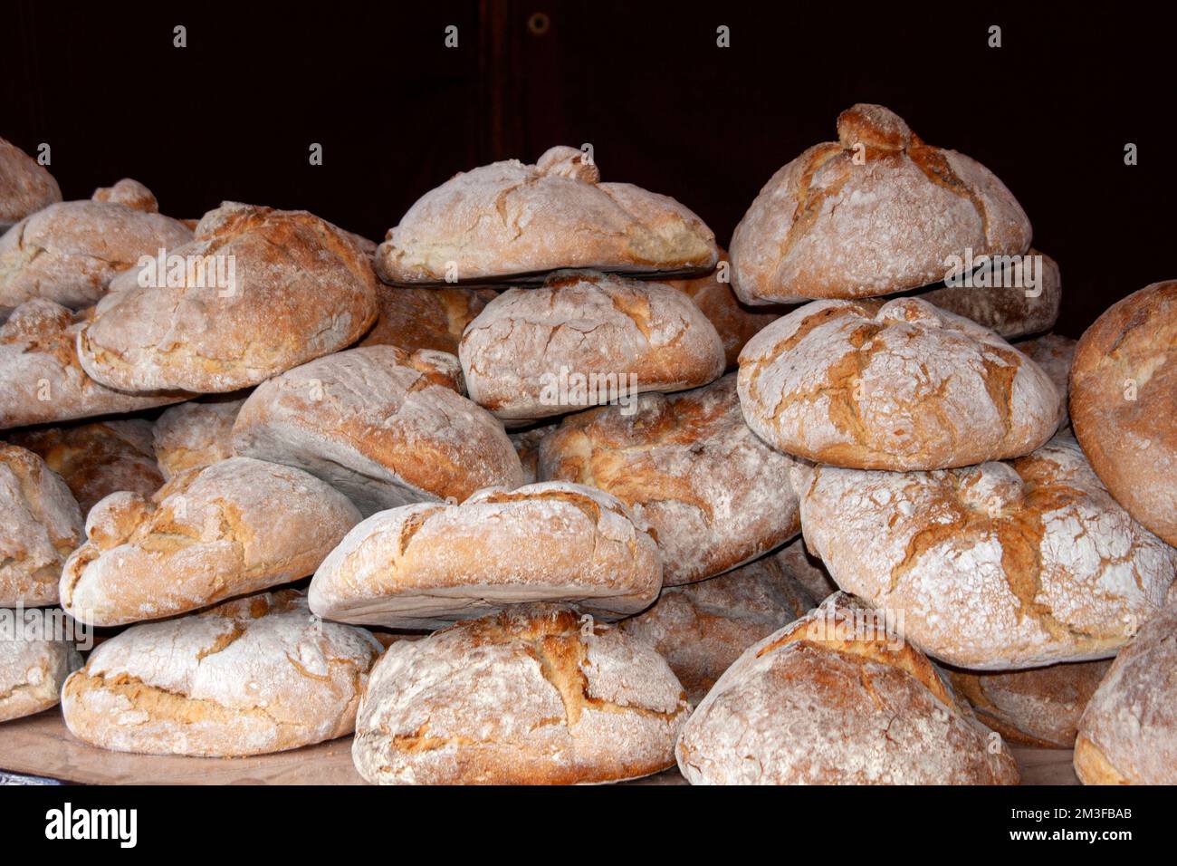 The traditional Galician bread for sale in a bakery in Galicia, Spain Stock Photo
