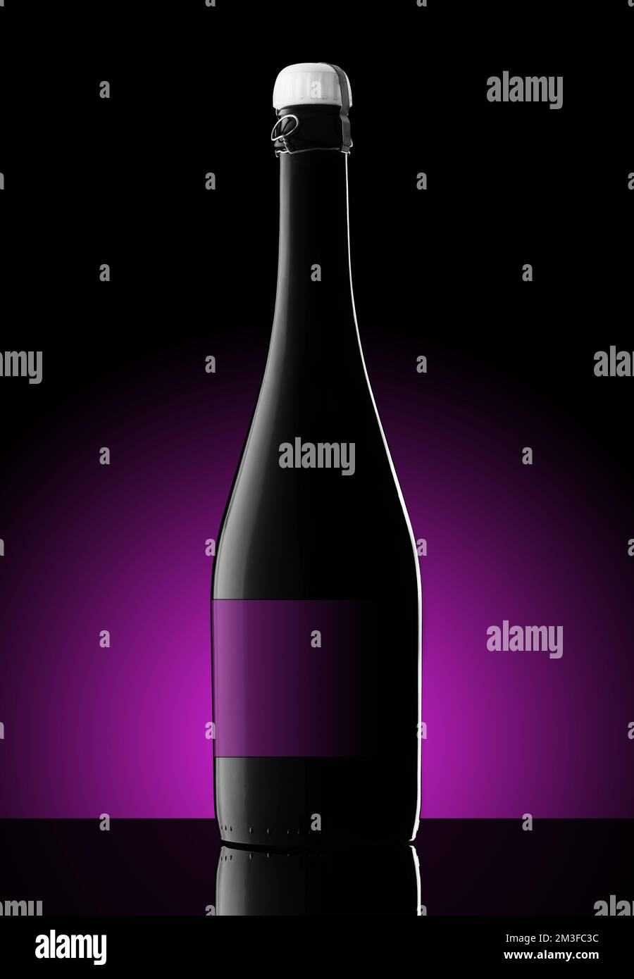 large champagne bottle on black background with purple gradient Stock