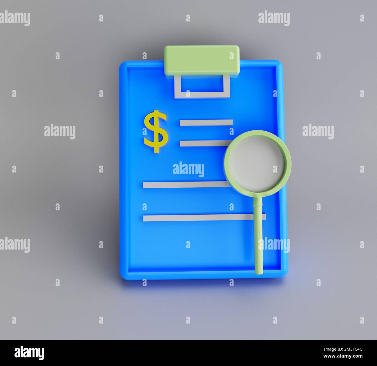 3d illustration rendering minimal clipboard with magnifier and pencil ...