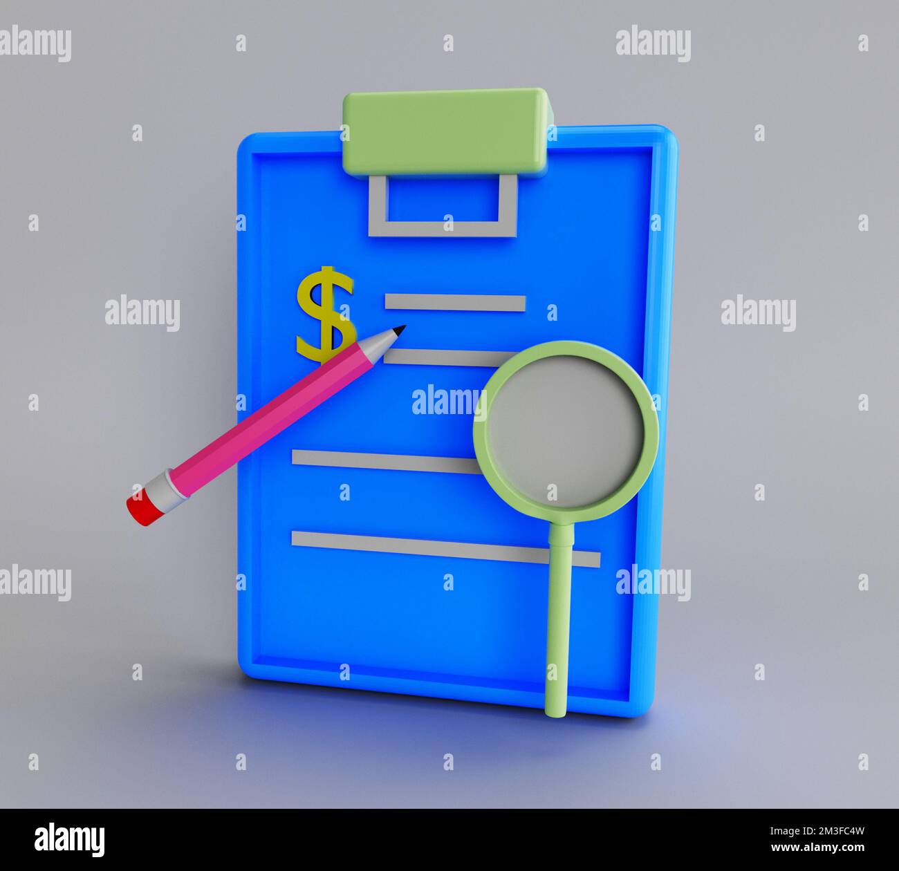 3d illustration rendering minimal clipboard with magnifier and pencil ...