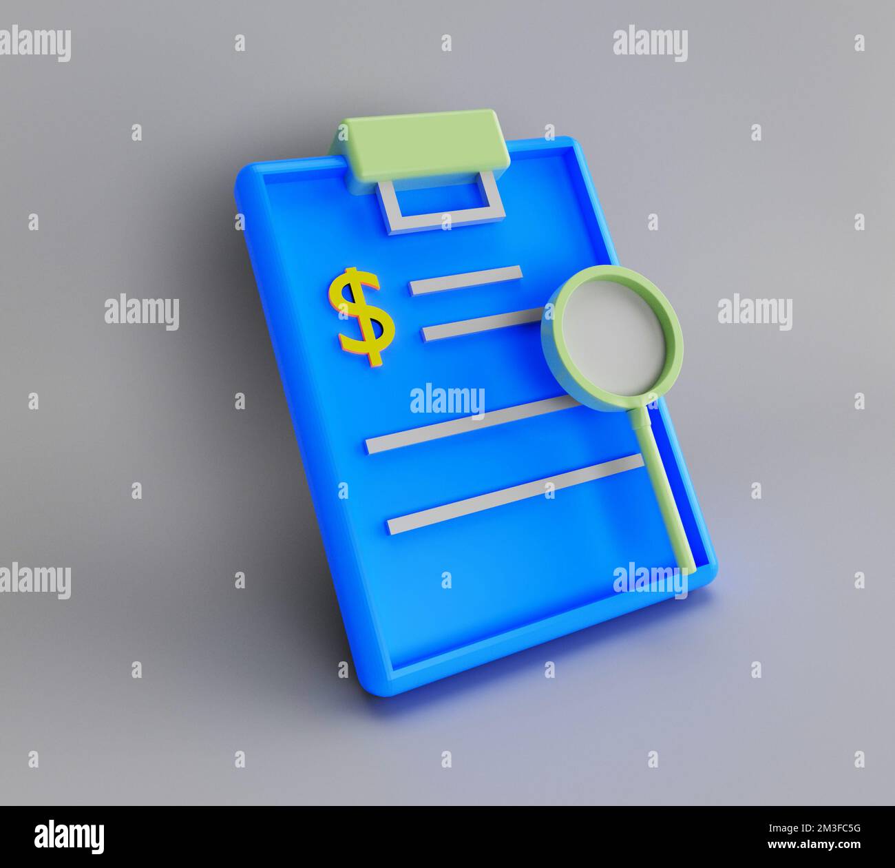 3d illustration rendering minimal clipboard with magnifier and pencil ...
