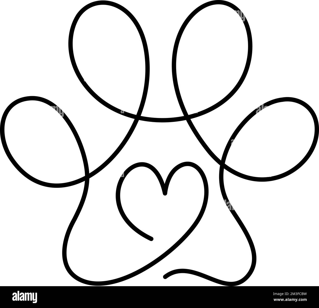 Dog or cat paw footprint and heart in continuous one line drawing logo ...