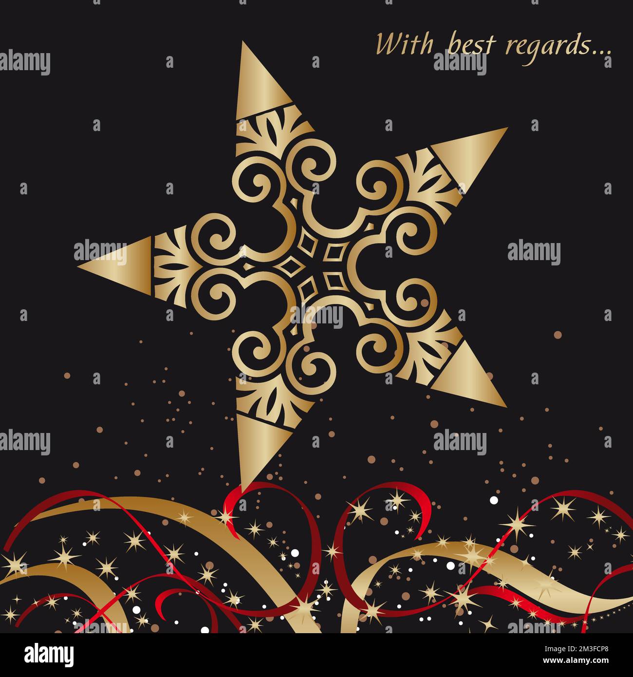 holiday card , gold star on a black background with ribbons and ...