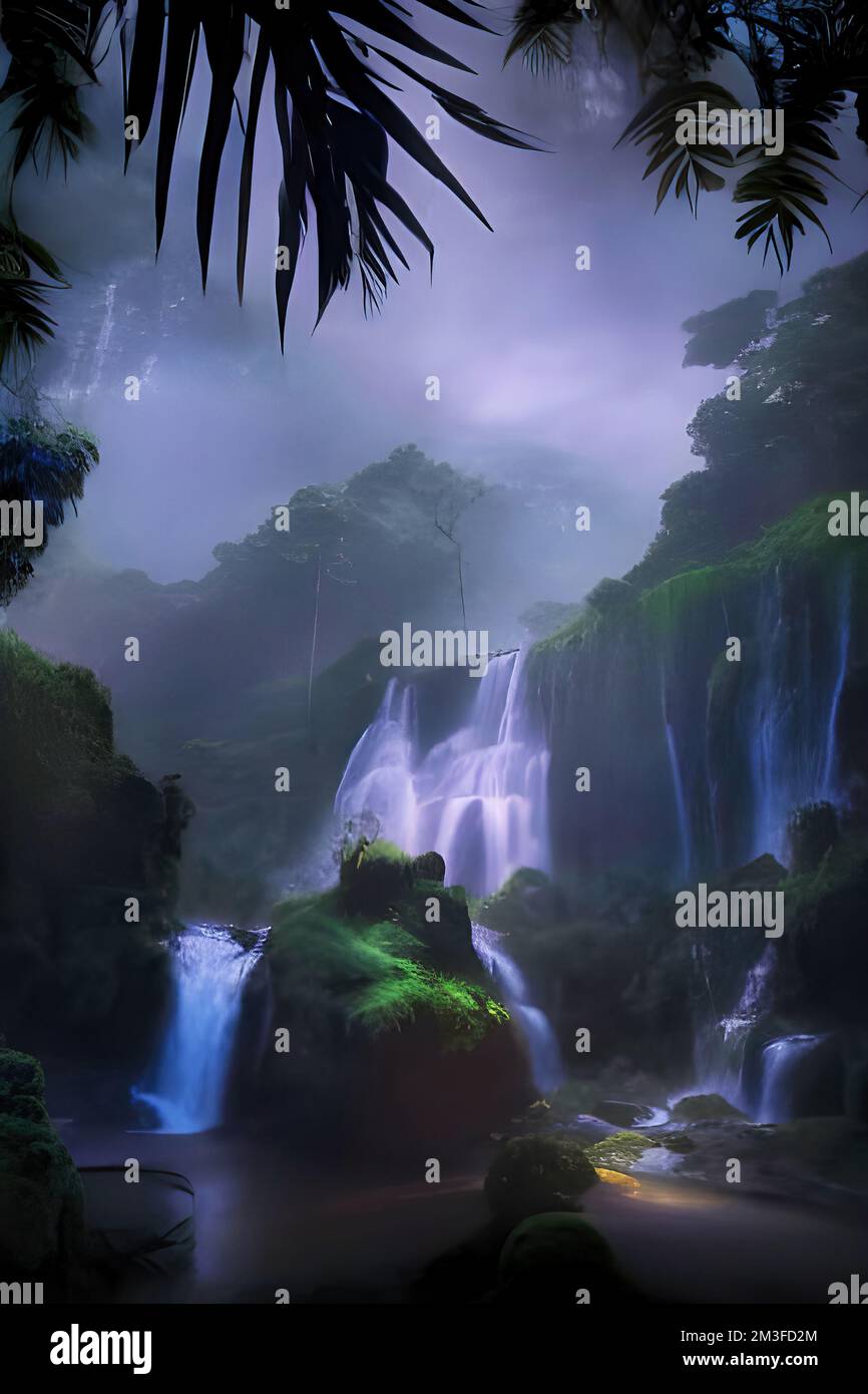 Waterfalls in jungle. An original, personally by me created, high quality, big size digital graphical work, mixed media. Stock Photo