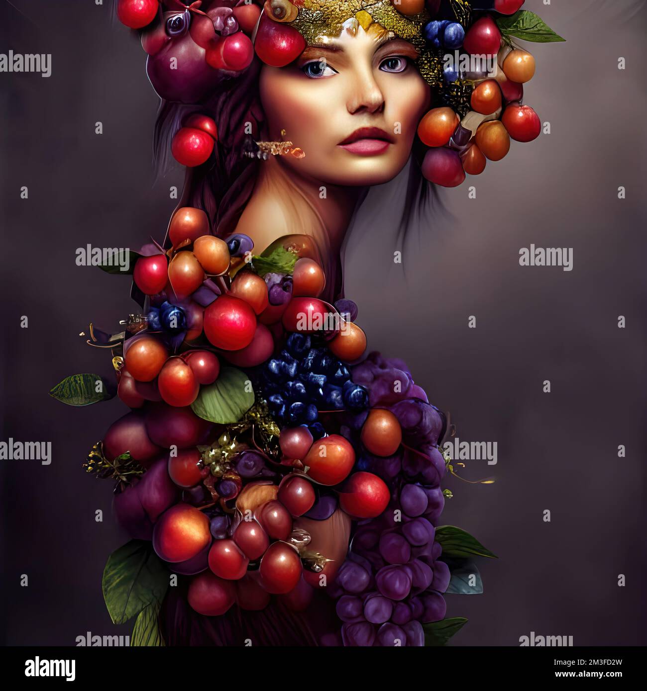Dressed in fruits. Beautiful Fruits Queen. An original, personally by