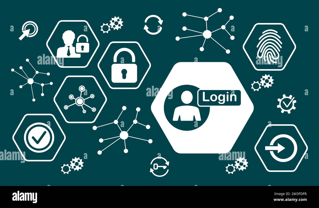 Concept of login with icons in hexagons Stock Photo