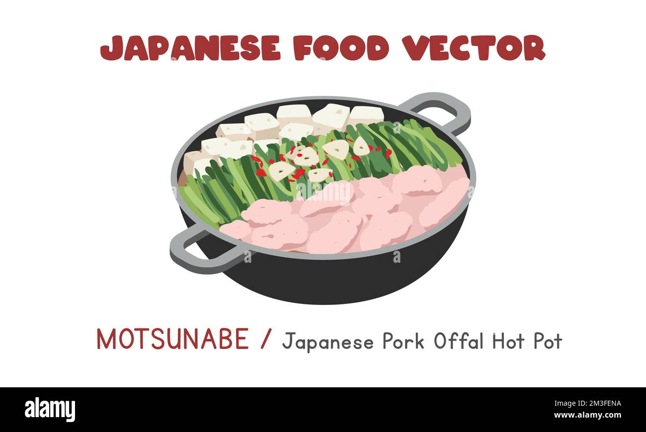 Japanese Motsunabe - Japanese Pork Offal Hot Pot flat vector design illustration, clipart cartoon style. Asian food. Japanese cuisine. Japanese food Stock Vector