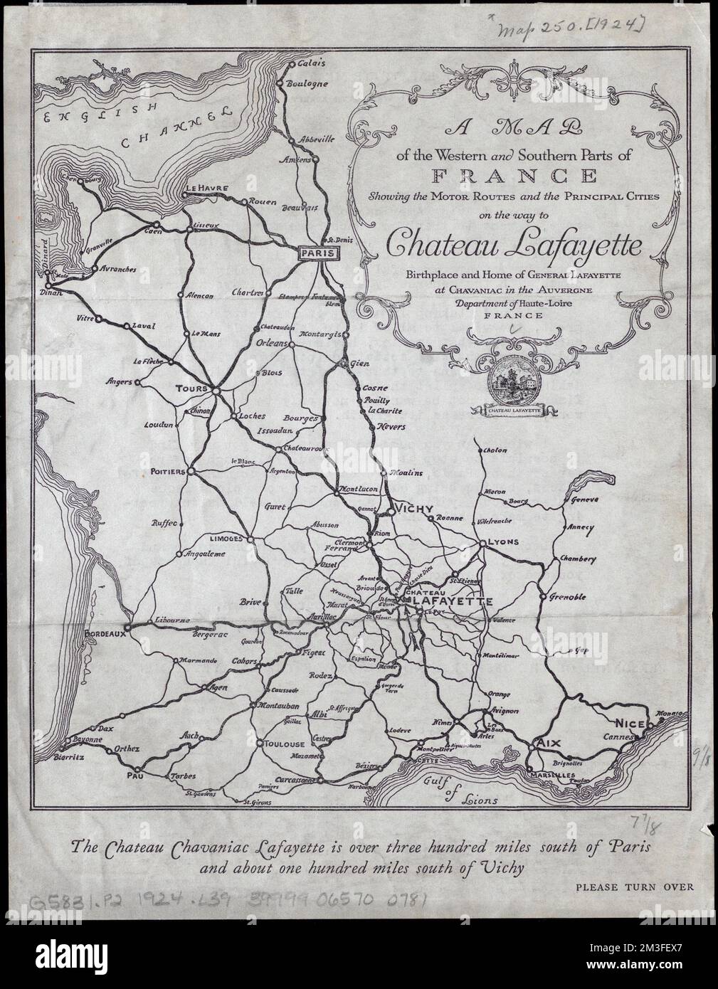 A map of the western and southern parts of France showing the motor routes and the principal cities on the way to Chateau Lafayette : birthplace and home of General Lafayette at Chavaniac in the Auvergne Department of Haute-Loire, France , France, Maps, Roads, France, Maps Norman B. Leventhal Map Center Collection Stock Photo