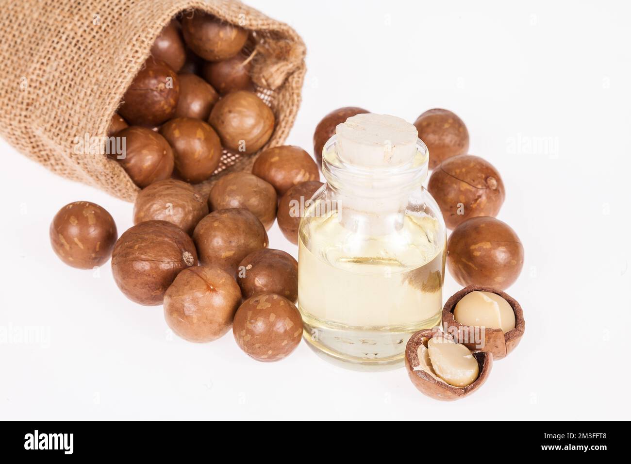 Macadamia nuts oil or Australian walnuts on white background Stock