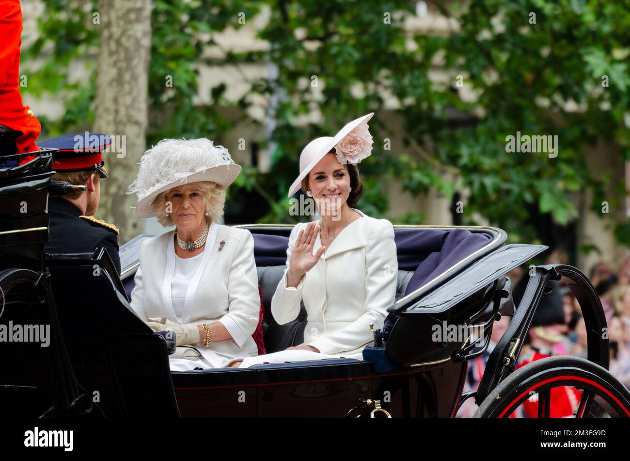 Camilla, Duchess of Cornwall, Kate Middleton, Duchess of Cambridge riding in a carriage during Trooping the Colour 2016 in The Mall, London, UK. Stock Photo