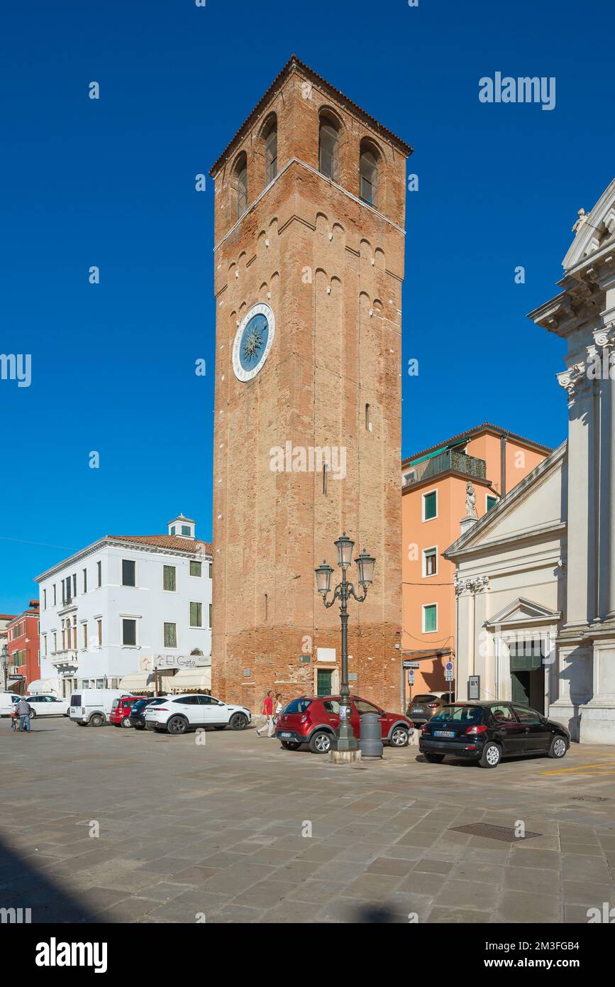 Clock tower Chioggia, view in summer of the Torre dell'Orologio - a renaissance era tower containing a clock museum sited in the centre of Chioggia Stock Photo