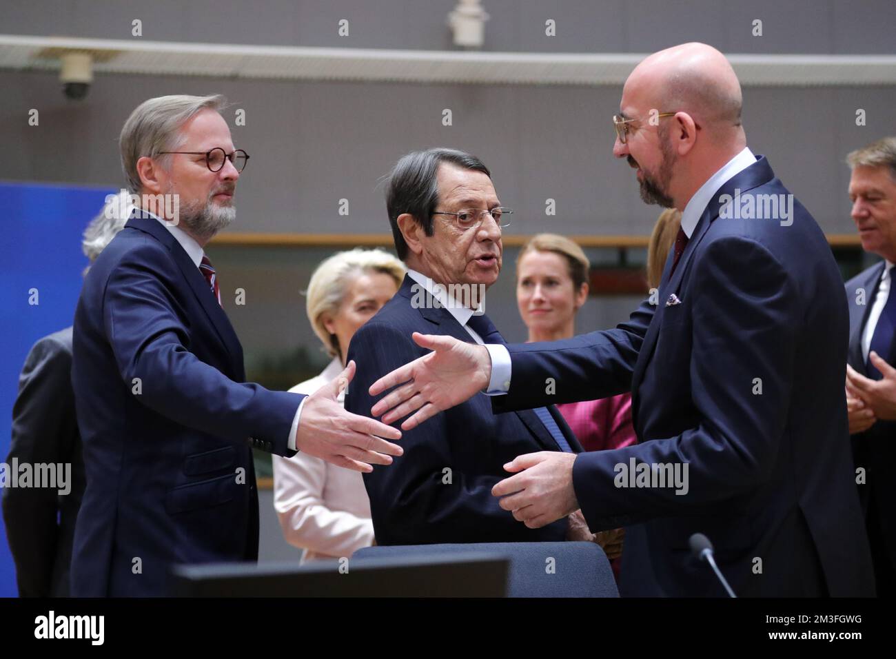 Brussels, Belgium. 15th Dec, 2022. Prime Minister of the Czech Republic Petr Fiala (1st L) shakes hands with President of the European Council Charles Michel before the European Council meeting in Brussels, Belgium, Dec. 15, 2022. Credit: Zheng Huansong/Xinhua/Alamy Live News Stock Photo