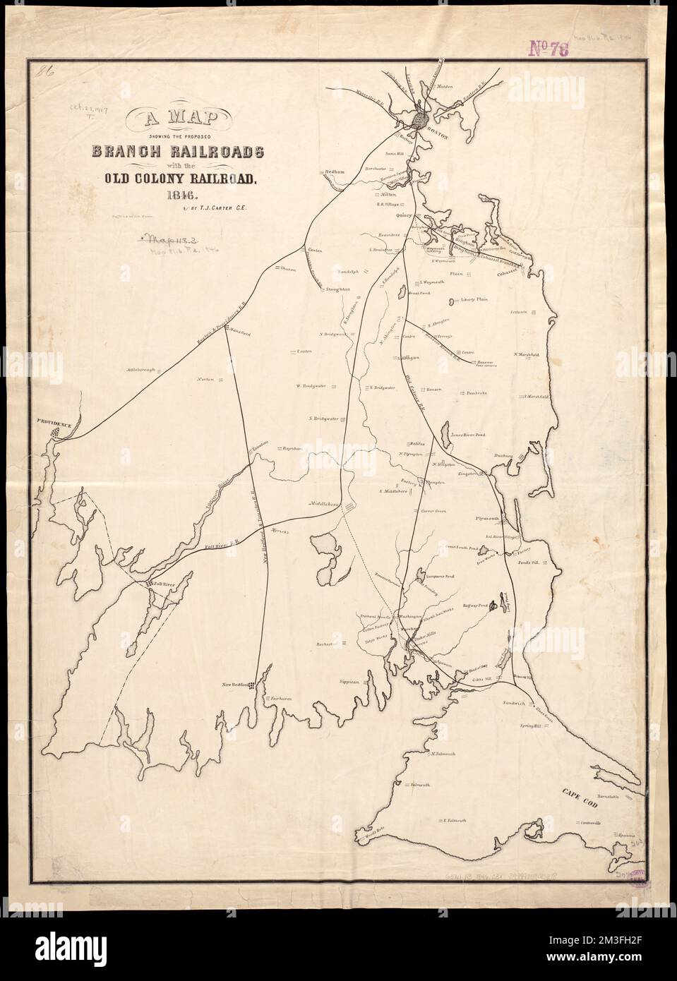 A map showing the proposed branch railroads with the Old Colony Railroad : 1846 , Old Colony Railroad Company, Maps, Railroads, Massachusetts, Maps, Massachusetts, Maps Norman B. Leventhal Map Center Collection Stock Photo