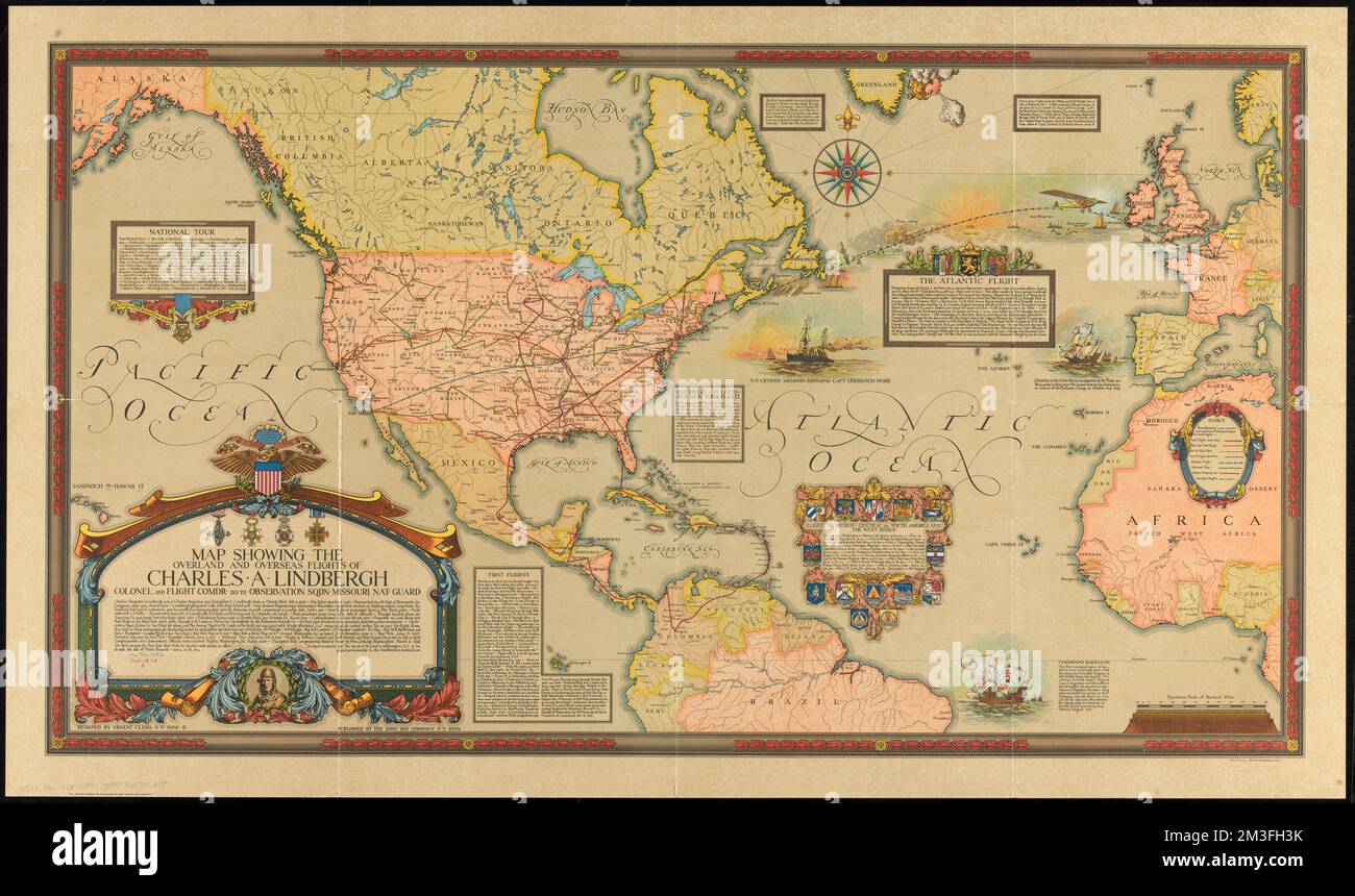 Map showing the overland and overseas flights of Charles A. Lindbergh