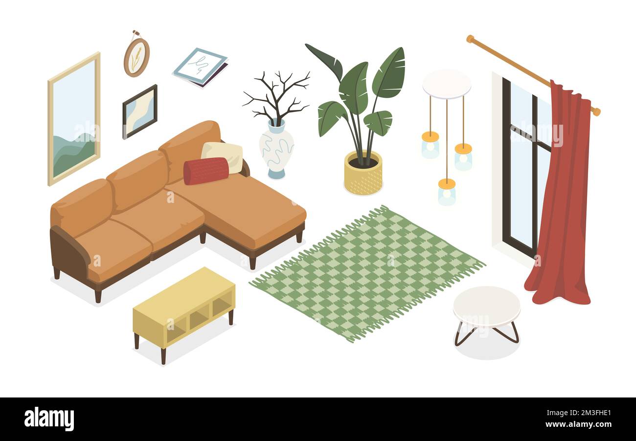 Living room furniture - modern vector colorful isometric illustrations set Stock Vector