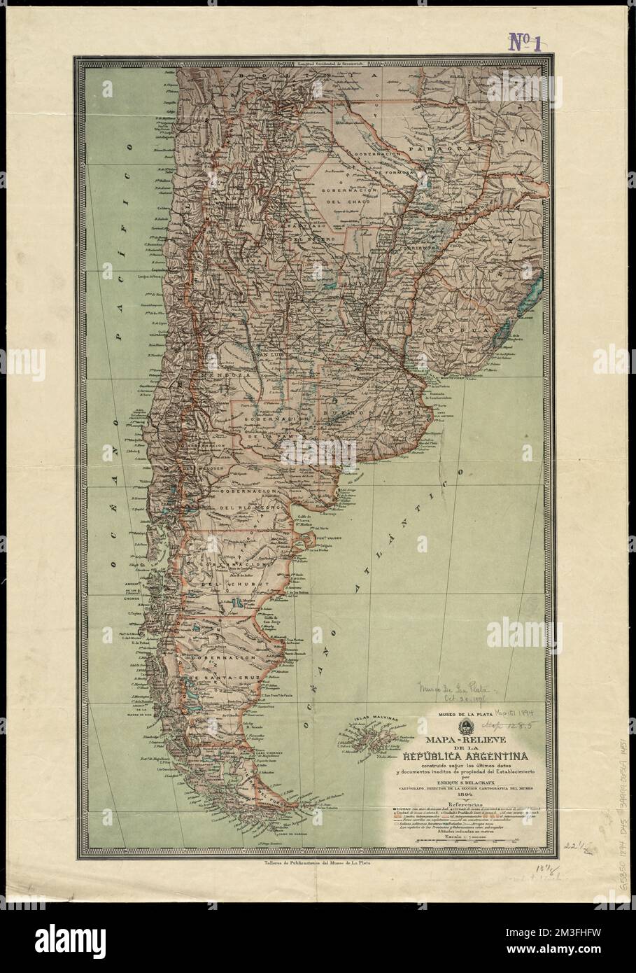 Mapa-relieve de la República Argentina construido segun los ultimos datos y documentos ineditos de propiedad del establecimiento , Argentina, Maps Norman B. Leventhal Map Center Collection Stock Photo