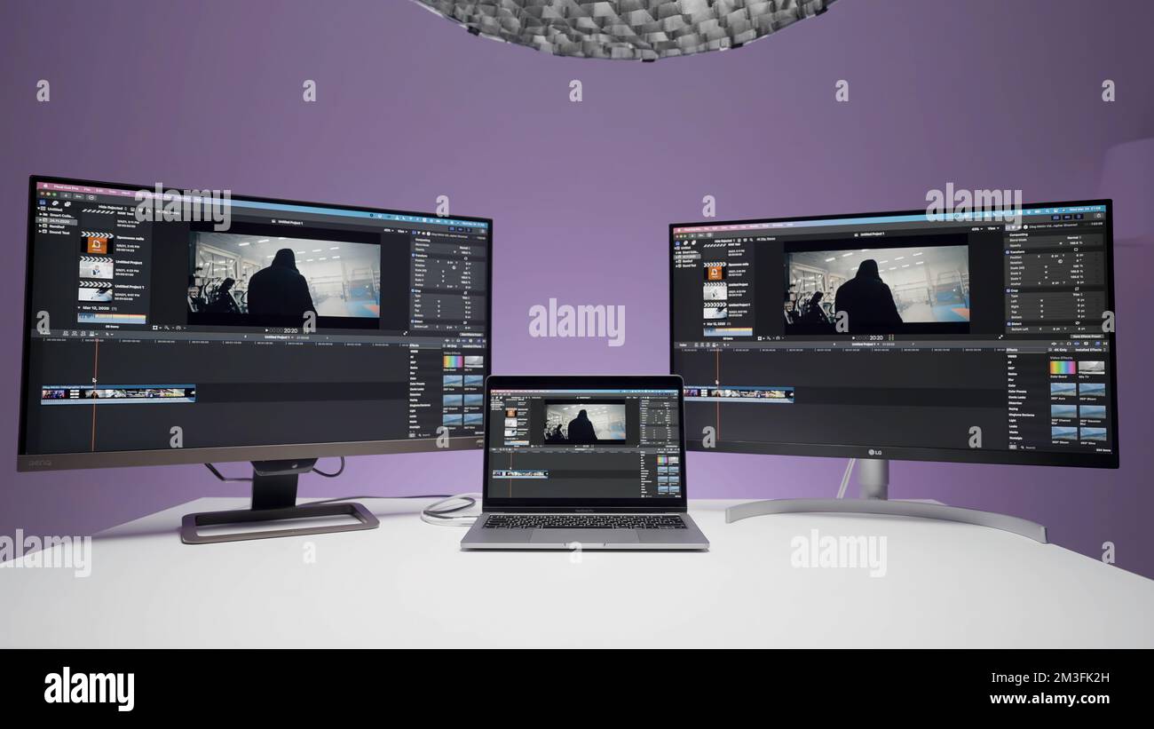New York, Usa June 29, 2022 Video editing on computer monitors