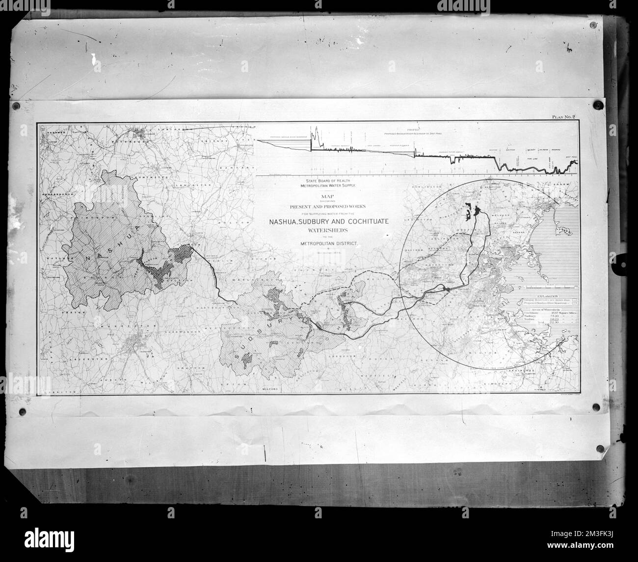 Maps, map of present and proposed works, Nashua, Sudbury and Cochituate Watersheds, Mass., Dec. 1894 , waterworks, reservoirs water distribution structures, watershed maps Stock Photo