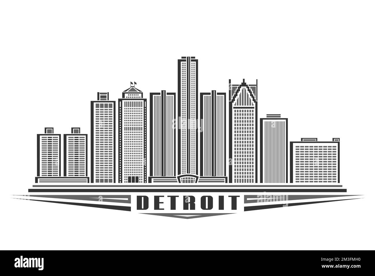 Vector illustration of Detroit, monochrome horizontal poster with linear design detroit city scape, american urban line art concept with decorative le Stock Vector