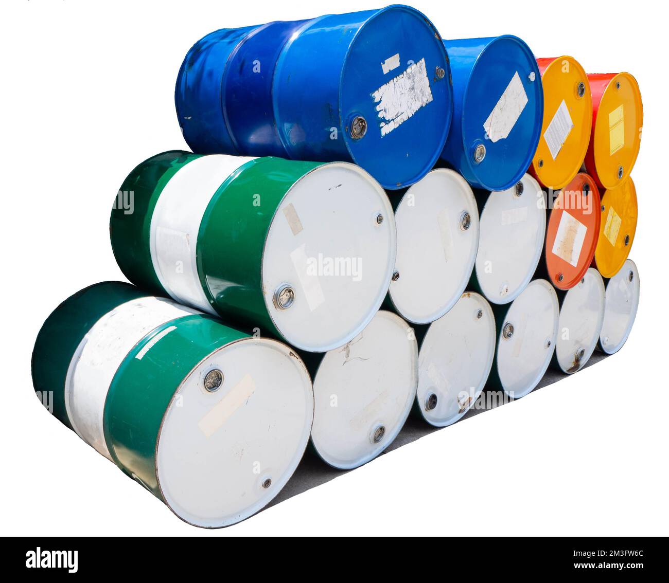 200 liter fuel tanks, including green tanks, black tanks, red yellow tanks Stock Photo