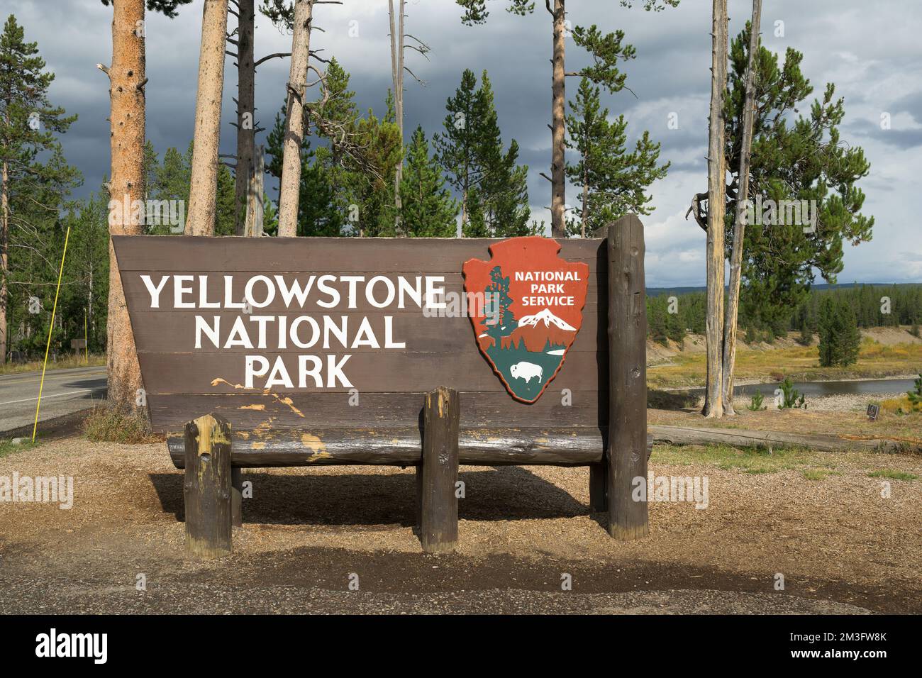 South entrance sign to Yellowstone National Park, Wyoming Stock Photo