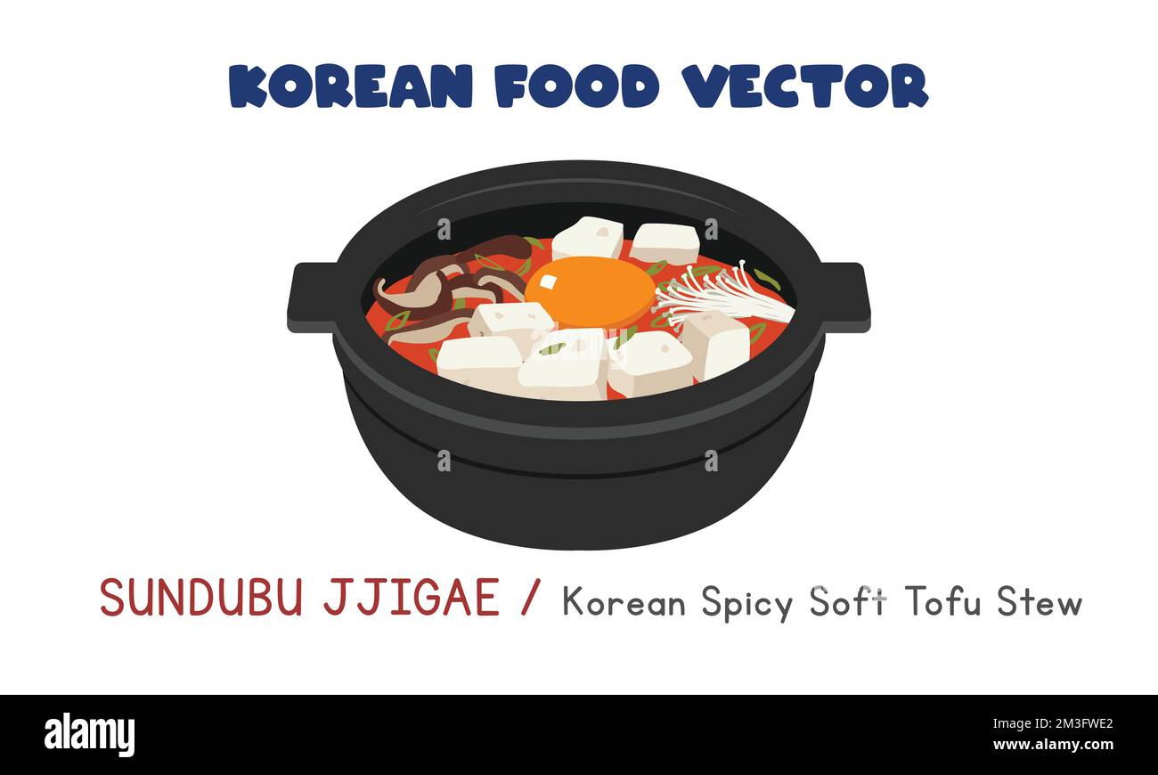 Korean Sundubu Jjigae - Korean spicy soft tofu stew flat vector design illustration, clipart cartoon style. Asian food. Korean cuisine. Korean food Stock Vector