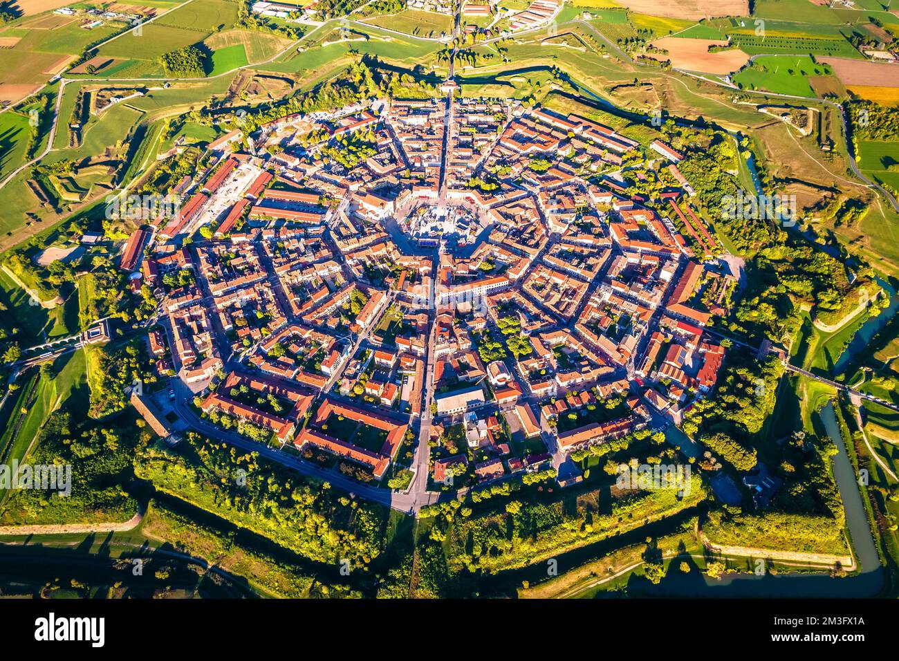 Star fort town of Palmanova aerial view, UNESCO world heritage site in Friuli Venezia Giulia region of Italy Stock Photo