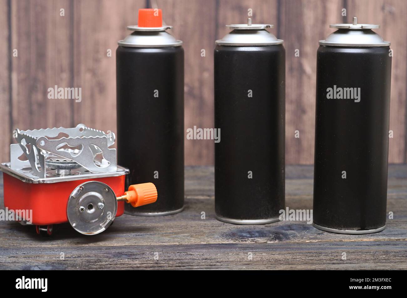tourist gas cylinders of collet type and burner furnace. Stock Photo