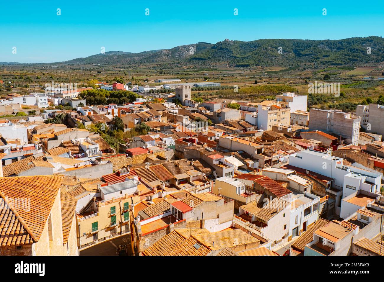an aerial view of the old town of Alcala de Xivert, in the province of Castellon, int the Valencian Community, Spain Stock Photo