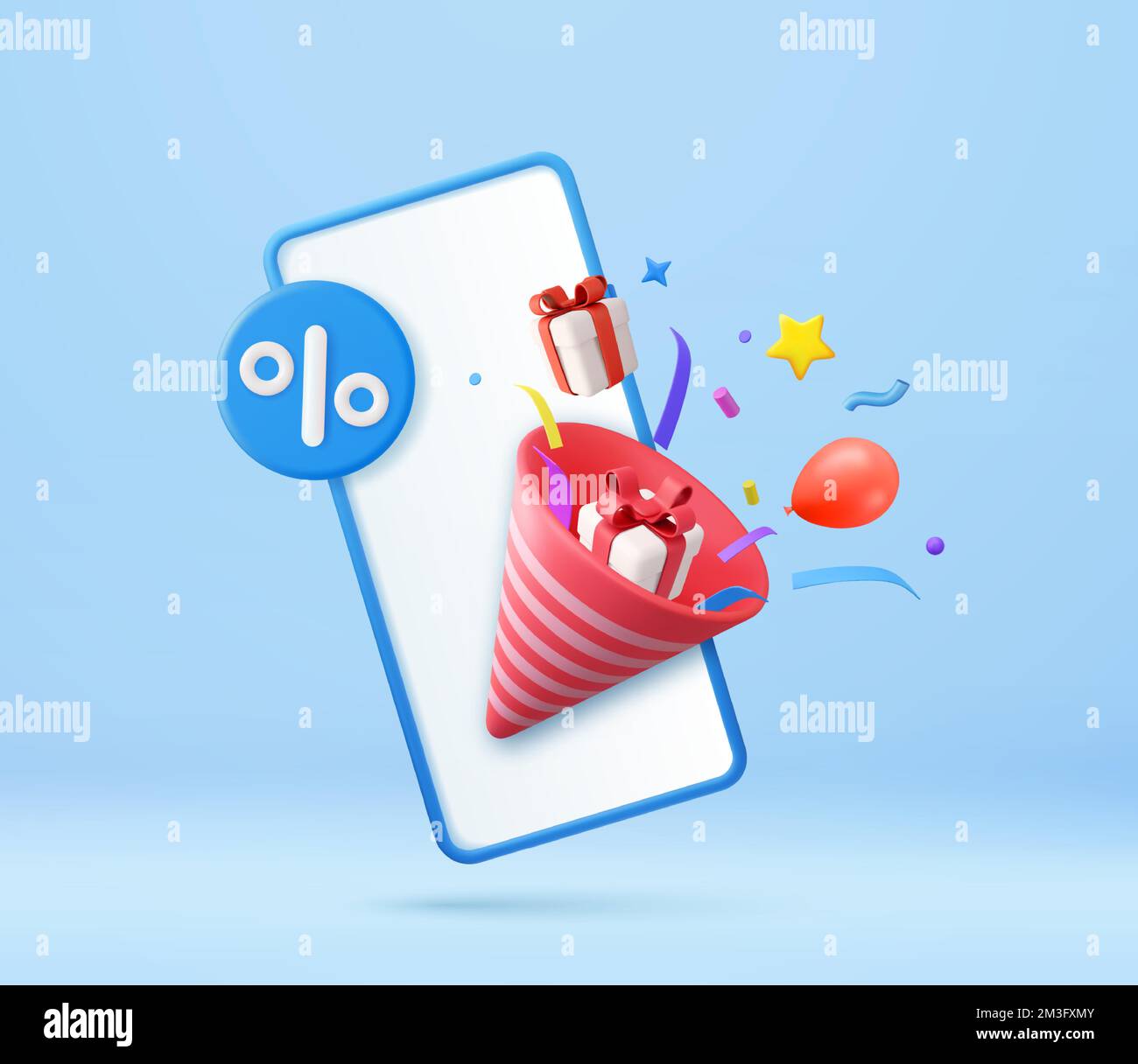 3d Party popper with confetti and gift boxes. Stock Vector