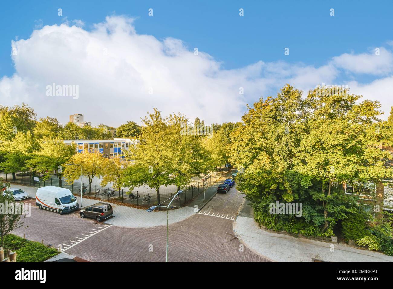 a street with cars parked on the side and trees in the back ground ...