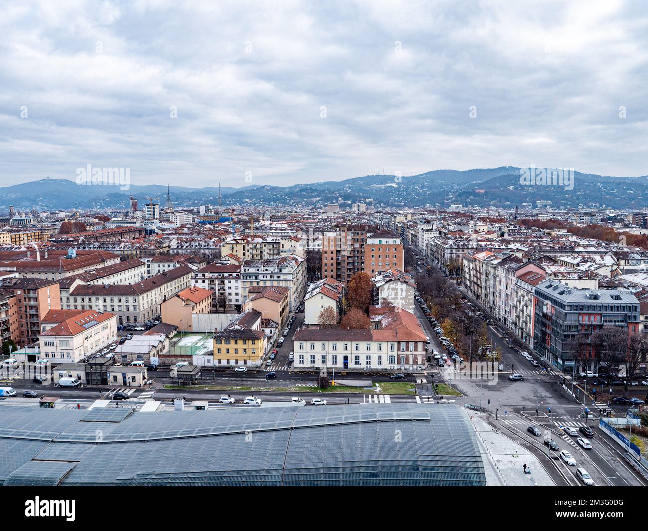 Skyline of Turin, Italy, in winter. The mountain in back and the Mole
