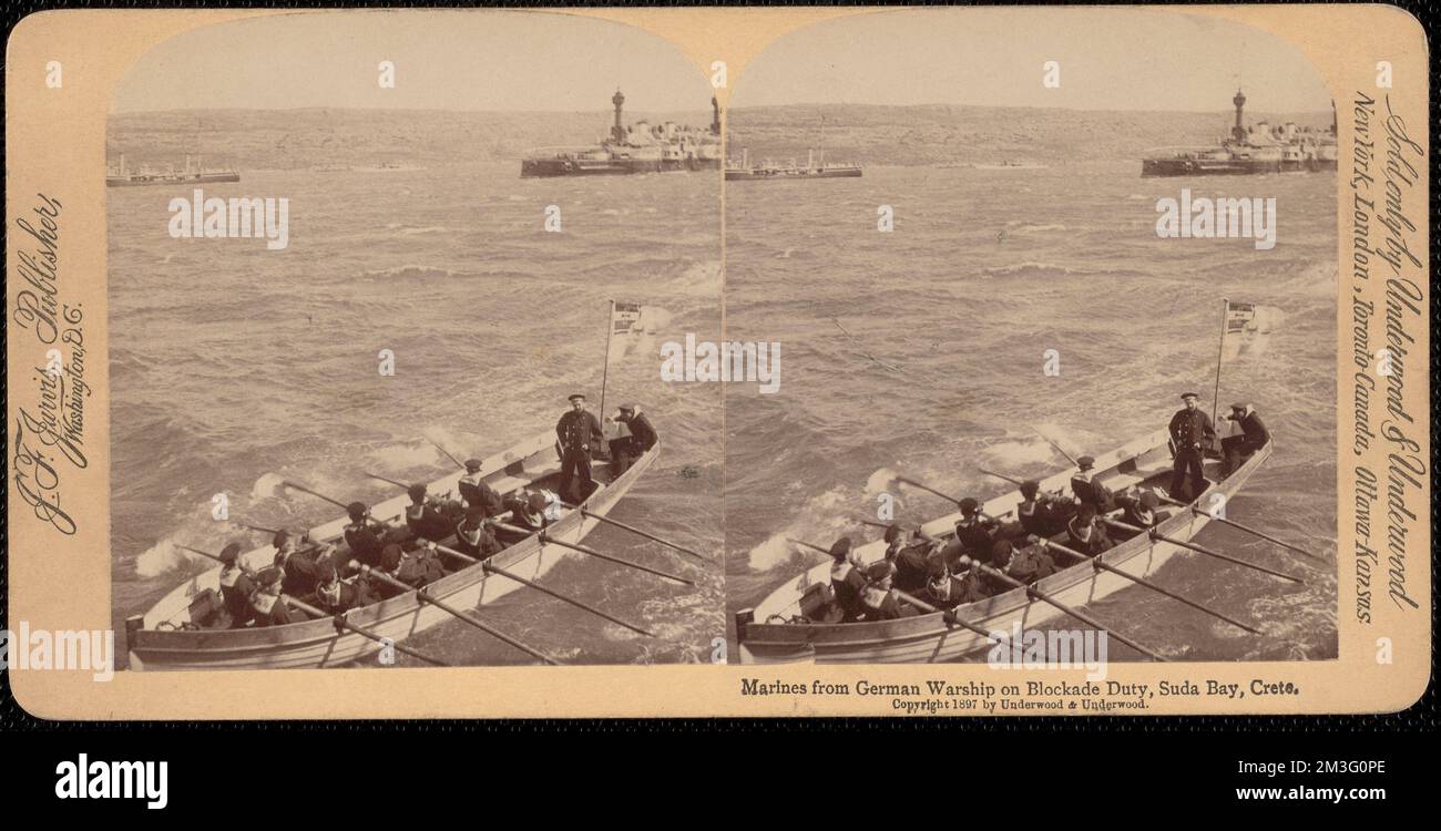 Marines from German warship on blockade duty, Suda Bay, Crete , Boats, Marines Military personnel, Warships, Bays Bodies of water, Alexandre Benois Collection Stock Photo