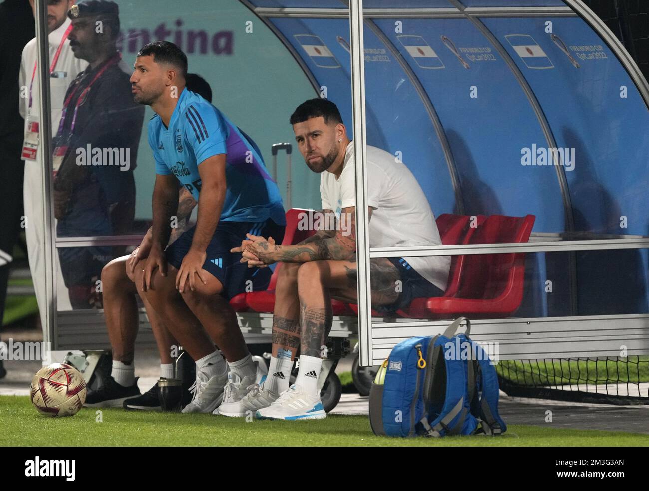 Argentina's Nicolas Otamendi (right) and Sergio Aguero during a training session at Qatar University Training Site 3 in Doha, Qatar. Picture date: Thursday December 15, 2022. Stock Photo