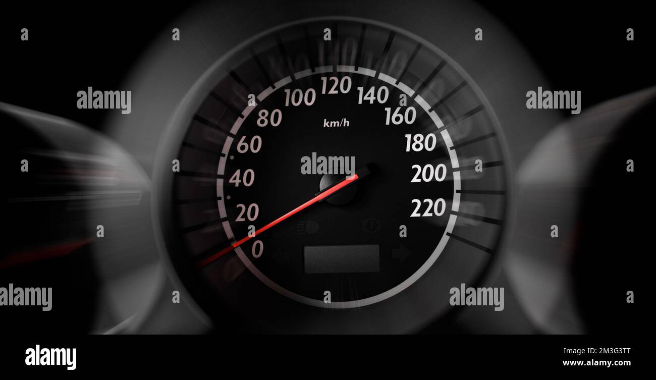 The speedometer of a modern car shows a high driving speed Stock Photo