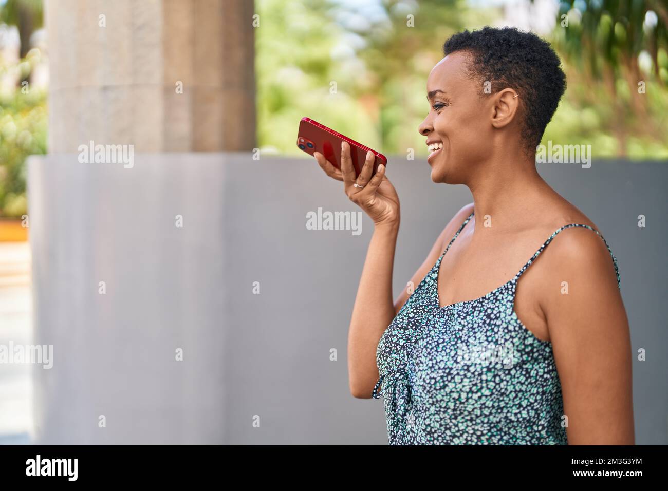 African american woman smiling confident talking on the smartphone at ...