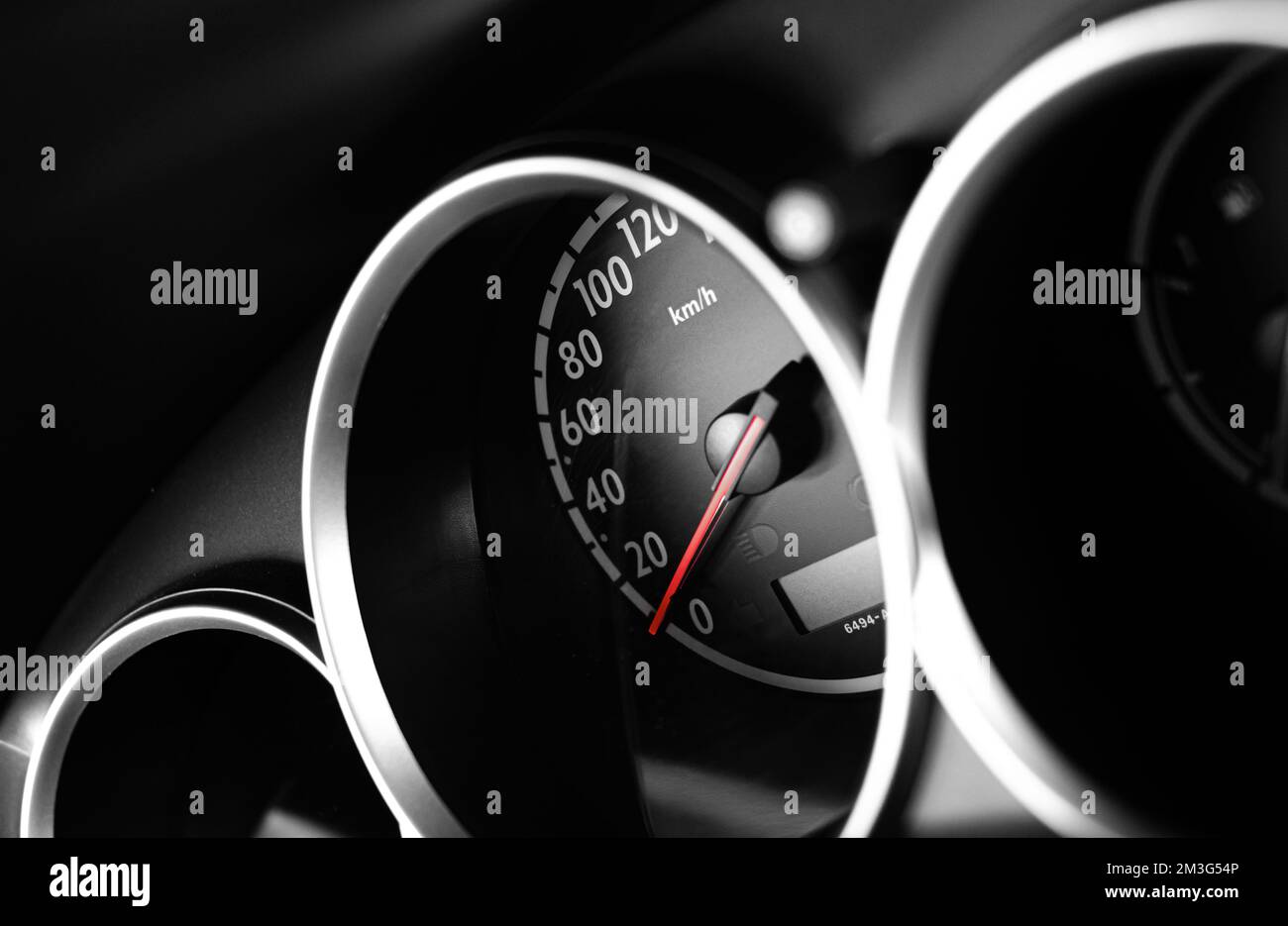 The speedometer of a modern car shows a high driving speed Stock Photo