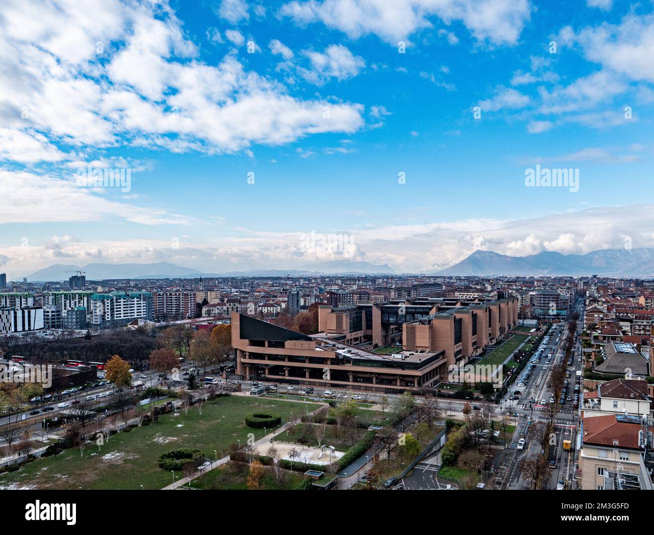 Skyline of Turin, Italy, in winter. The mountain in back and the Mole