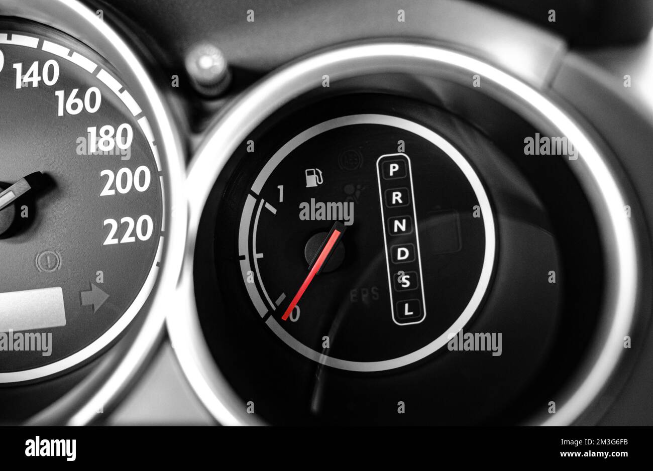 The speedometer of the car shows that the gas is at zero Stock Photo