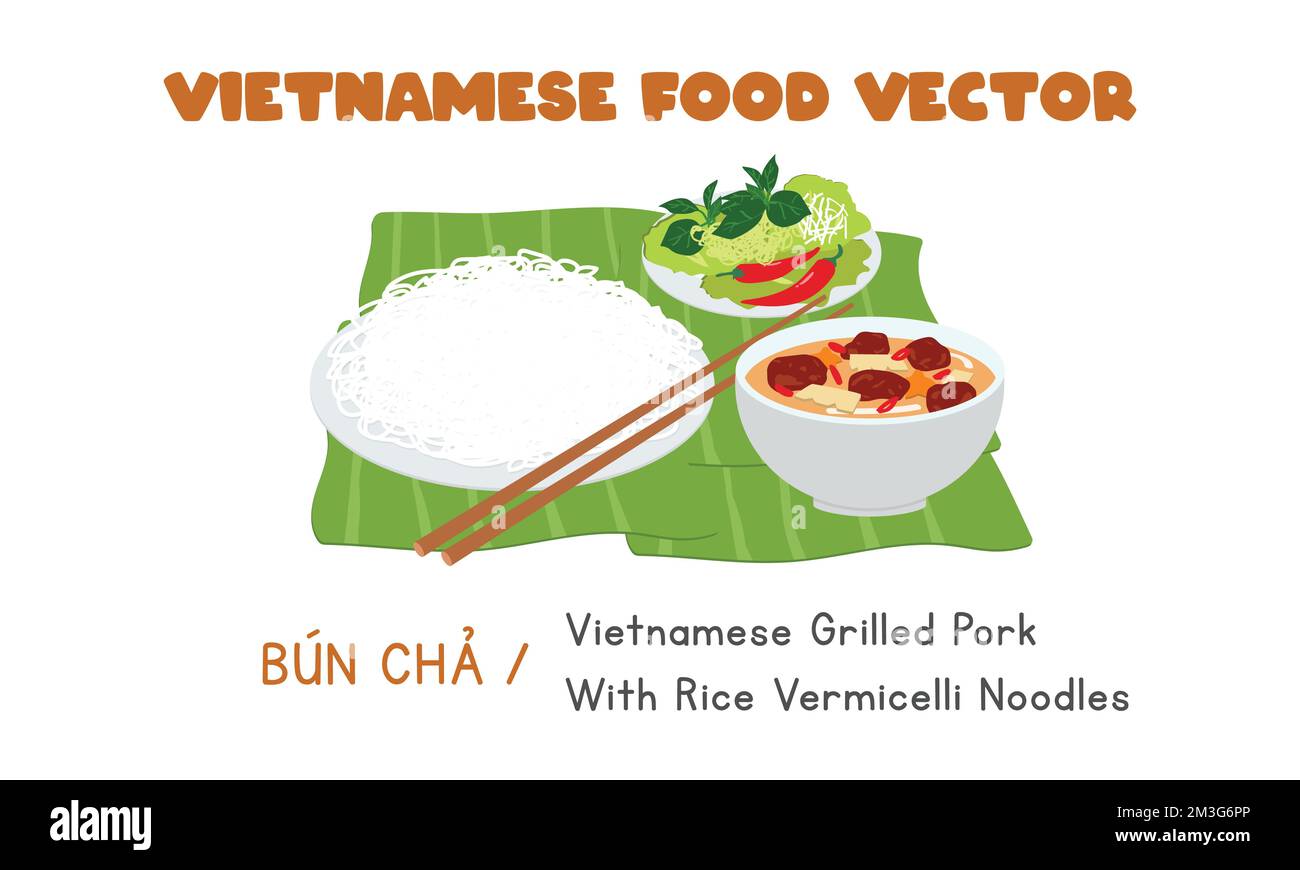Vietnamese grilled pork with rice vermicelli noodles and herbs flat vector. Bun Cha Ha Noi clipart cartoon. Asian food. Vietnamese cuisine Stock Vector