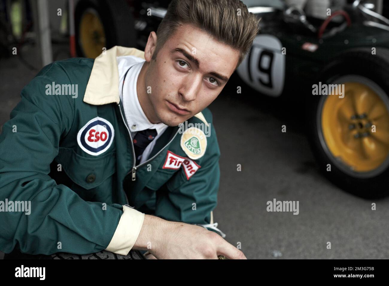 Portrait of race car mechanic  in vintage overall Stock Photo