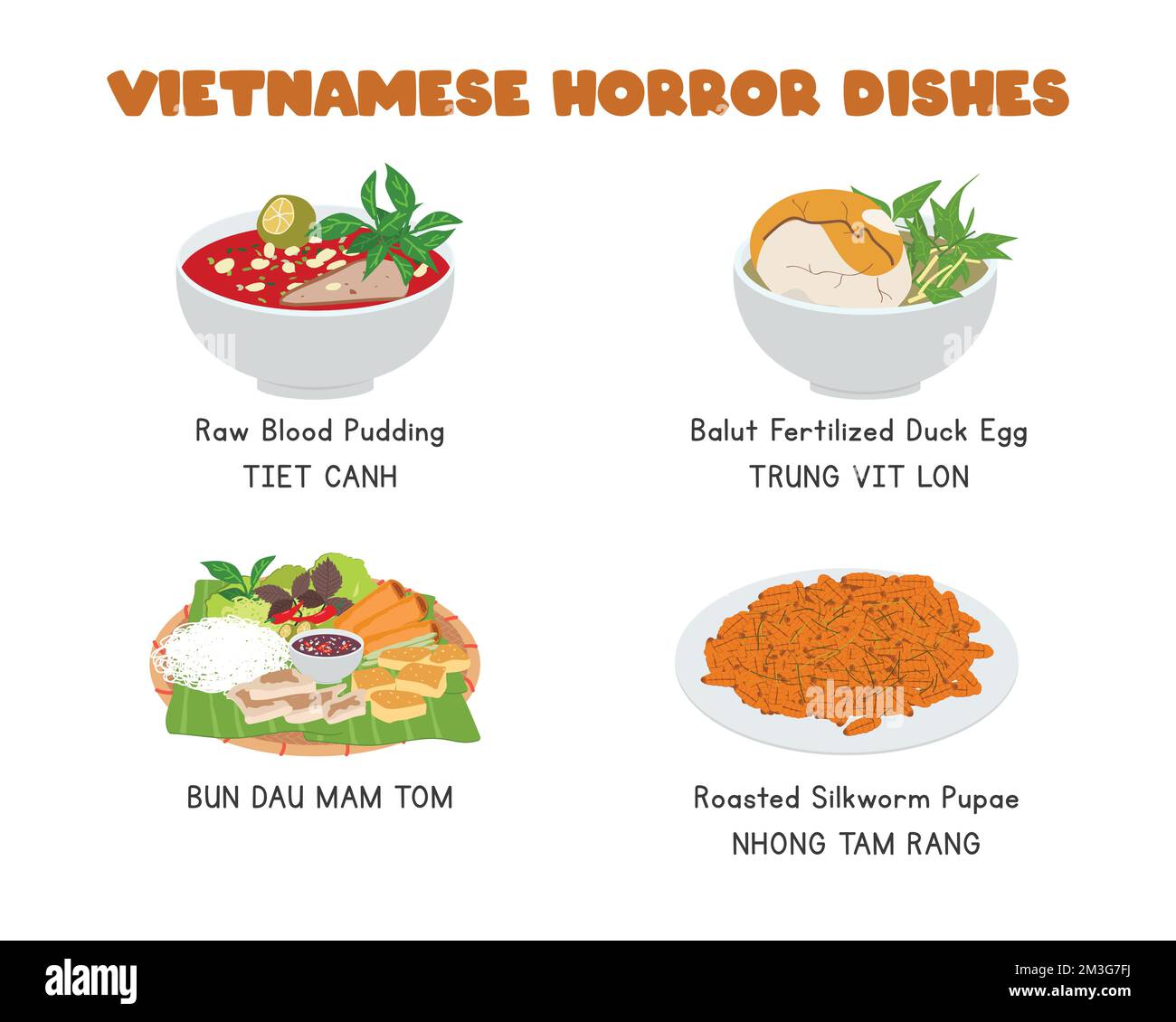 Set of Vietnamese horror food flat vector clipart. Raw blood pudding, balut fertilized duck egg, Bun Dau Mam Tom, roasted silkworm pupae. Asian food Stock Vector