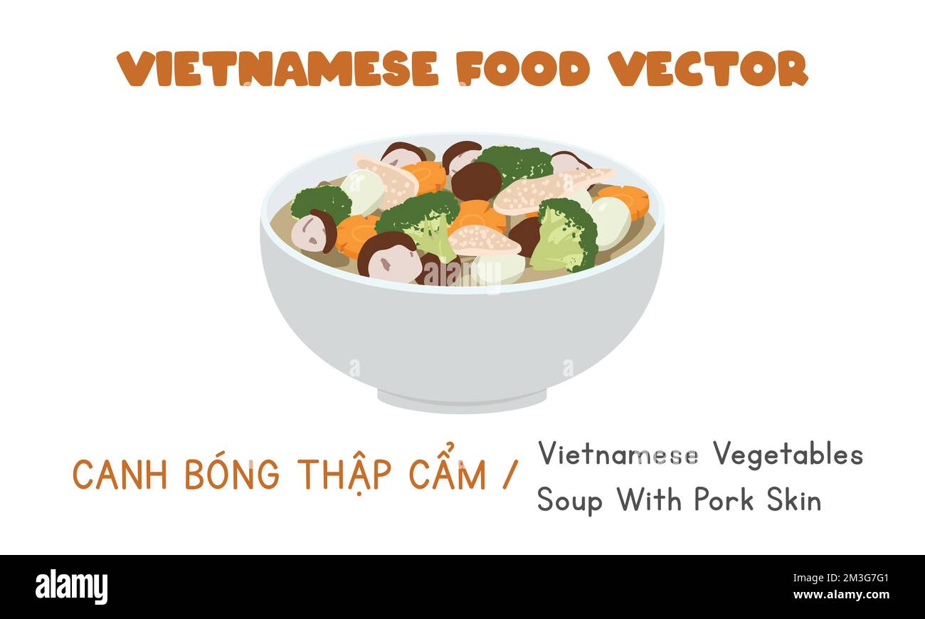 Vietnamese vegetables soup with dried pork skin, broccoli, carrot flat vector design, clipart cartoon style. Asian food. Vietnamese cuisine Stock Vector