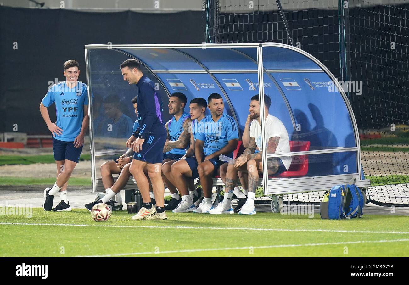 Former player Sergio Aguero (second right) watches on during a training session at Qatar University Training Site 3 in Doha, Qatar. Picture date: Thursday December 15, 2022. Stock Photo