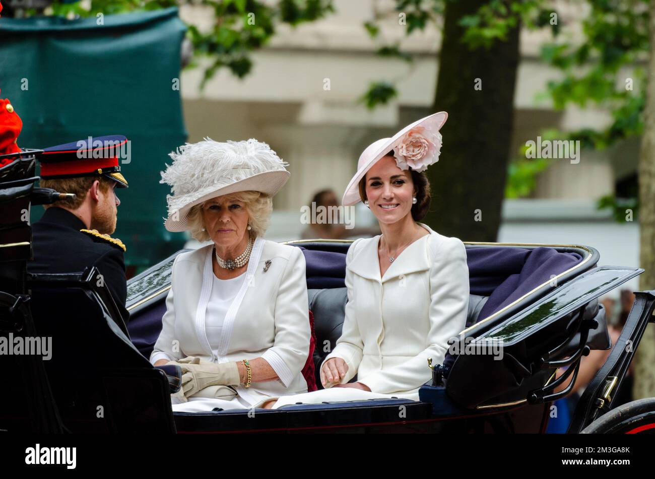 Camilla, Duchess of Cornwall, Kate Middleton, Duchess of Cambridge riding in a carriage during Trooping the Colour 2016 in The Mall, London, UK. Harry Stock Photo