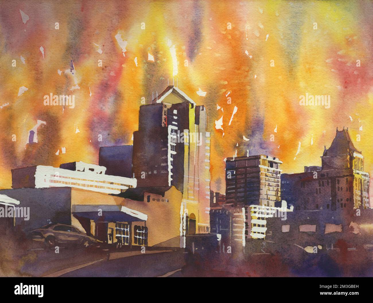 Greensboro, NC skyline watercolor painting. Colorful artwork Greensboro