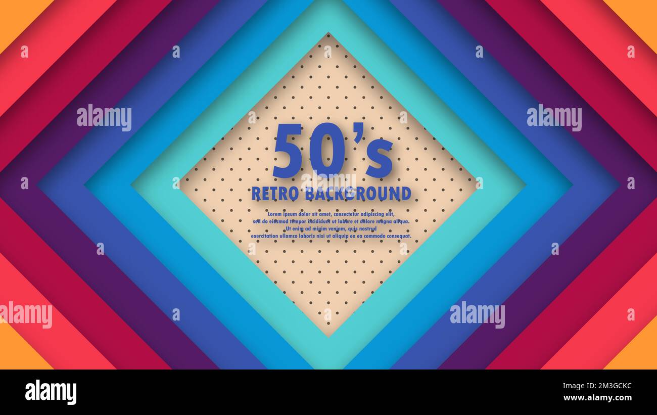 Abstract funky 1950's background with rhombus elements and retro colors. Realistic design in futuristic retro style background with perforation. Vecto Stock Vector