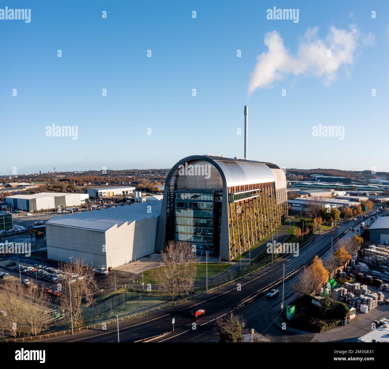 An aerial view of the Veolia Leeds Recycling and Energy Recovery site in Leeds where household waste is burnt to produce cleaner electricity Stock Photo